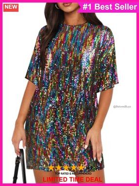 Reversible Sequin Shirt Mini Dress Deep V-Neck Crew Neck Party Club